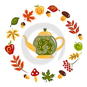 Autumn set: teapot with a hot drink, apples, mushrooms, berries, acorns, yellowing leaves. Time to drink tea. Thanksgiving Day.