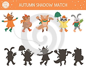 Autumn shadow matching activity for children. Fall season puzzle with cute animals in hats, scarves, boots. Simple educational
