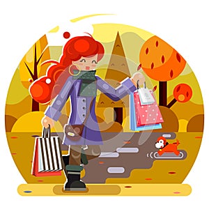 Autumn shopping bag package girl purchase park background flat design character vector illustration photo