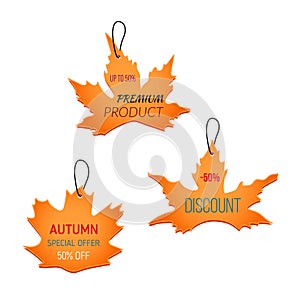 Autumn shopping sale, discount labels, tags. Vector illustration of design for shop, store, posters, flyers, banners, web design