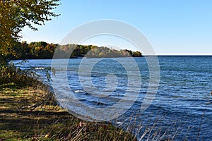 Autumn shoreline of Lake Superior on a sunny fall day