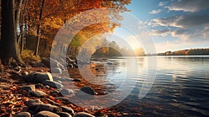 Autumn Shoreline Splendor: Hyperrealistic Photography With Canon Eos-1d X Mark Iii