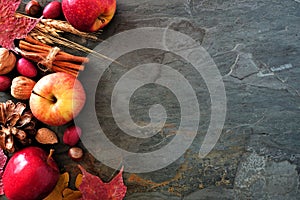 Autumn side border of apples, fall foods & decor on dark stone