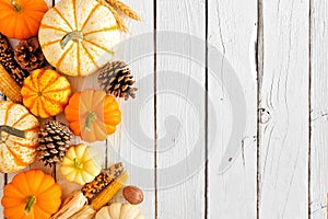 Autumn side border of pumpkins and fall decor over a rustic white wood background