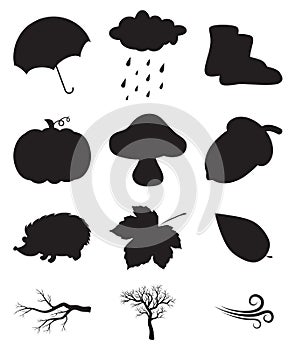 Autumn silhouette icon set. Black and white autumnal cartoon symbols collection isolated on white. Monochrome seasonal