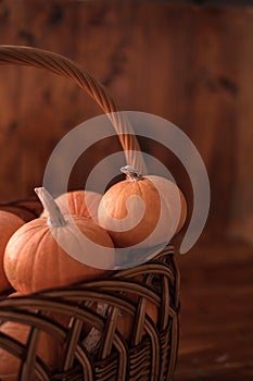 Autumn small orange pumpkin on a wooden table, the harvest, the symbol of Halloween