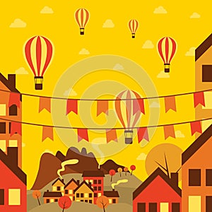 Autumn small town with air balloons