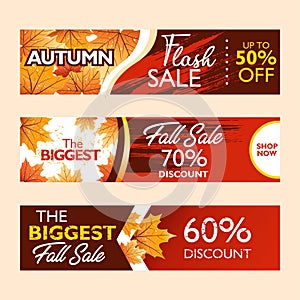 Autumn special offer banner collection for promotion, publication. Flash sale, fall sale. Falling leaves on colorful background. S