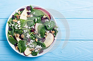 Autumn spinach salad with apple , cheese , walnut and dried cranberry . Healthy vegetarian food