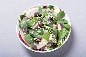 Autumn spinach salad with apple , cheese , walnut and dried cranberry . Healthy vegetarian food