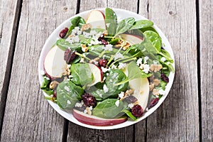 Autumn spinach salad with apple cheese , walnut and dried cranberry . Healthy vegetarian food