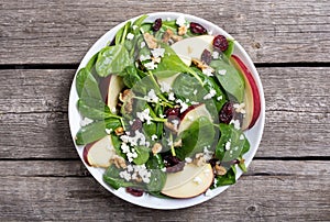 Autumn spinach salad with apple , cheese , walnut and dried cranberry . Healthy vegetarian food