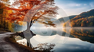 Autumn Splendor: Serene Fjord With Hickory Trees Reflecting Vibrant Colors