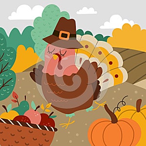 Autumn square landscape scene with cute turkey, fields, harvest, nature. Comic Thanksgiving card with funny bird, pumpkins, apples