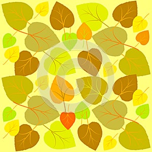 Autumn square pattern of fallen leaves in simple style. Trendy pastel tones of yellow, green, brown, in Scandinavian style. Vector