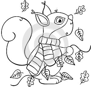 Autumn squirrel with fall leaves in black line doodle style