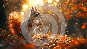 Autumn Squirrel Forest Sunset Nut Eating