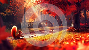 Autumn Squirrel Park Path Sunlight Leaves Fall