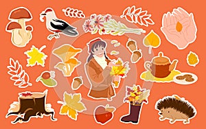 Autumn stickers set of cute red and yellow maple, oak, rowan forest leaves, mushroom