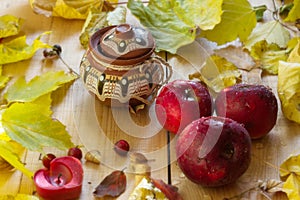 Autumn Still Life, Apple saved, autumn leaf fall, a barrel of honey