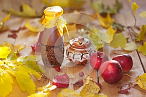 Autumn Still Life, Apple saved, autumn leaf fall, a barrel of honey