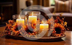 Autumn still life, Candle, autumn flowers sunflowers and vegetables, pumpkins on the table in a basket and vase