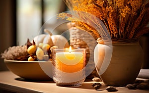 Autumn still life, Candle, autumn flowers and vegetables, pumpkins on the table in a basket