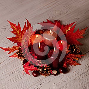 Autumn still life - candles, leaves and cones on the background