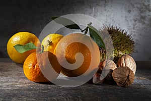 Autumn Still Life of Citruses and Nuts