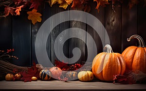 Autumn Still Life composition with pumpkins, maple leaves and pine cone on dark bokeh lights background with copy space.