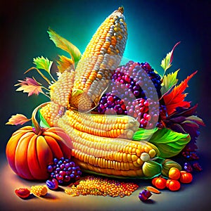 Autumn still life with corn, pumpkins, berries and leaves generative AI