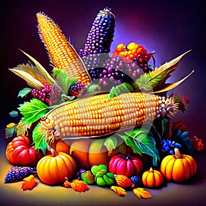 Autumn still life with corn, pumpkins, berries and leaves Generative AI