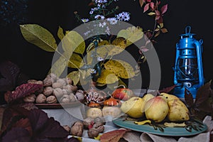 The autumn still life is decorated with a pear, walnut, pumpkin