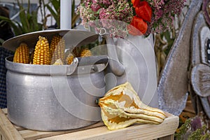 Autumn still life with dried corncobs and gourd