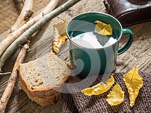 Autumn still-life. Enameled mug, old camera, Notepad, pencil