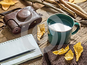 Autumn still-life. Enameled mug, old camera, Notepad, pencil