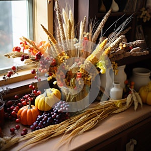 Autumn still life. Fall seasonal composition with a harvest of pumpkins, grapes and berries