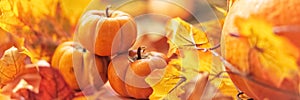 Autumn still life . Fallen maple leaves and orange pumpkins. Autumn harvest