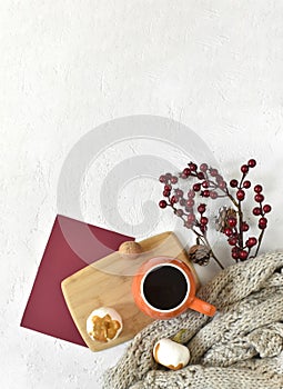 Autumn still life flat lay with cup of tea on tray, knitting scarf and red berries on white background.