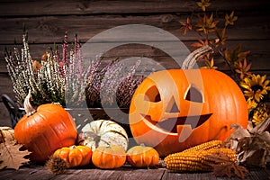 Autumn still life with Halloween pumpkins