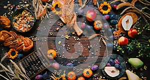 Autumn still life, Harvest, persimmon, plums, nuts, wheat, homemade bread on dark wooden background, Rustic life