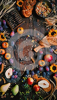 Autumn still life, Harvest, persimmon, plums, nuts, wheat, homemade bread on dark wooden background, Rustic life