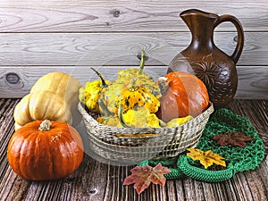 Autumn still life with a harvest of yellow and orange pumpkins in a basket, a clay jug and autumn leaves