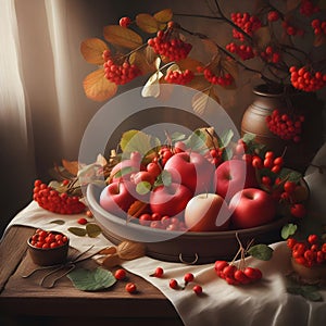 Autumn Still Life With Hawthorn Berries And Apples In Plate