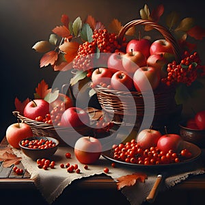 Autumn Still Life With Hawthorn Berries And Apples In Plate