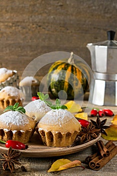 Autumn still life. Homemade cupcakes with powdered sugar with cinnamon sticks, anise stars, pumpkins,