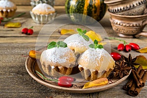 Autumn still life. Homemade cupcakes with powdered sugar with cinnamon sticks, anise stars, pumpkins,