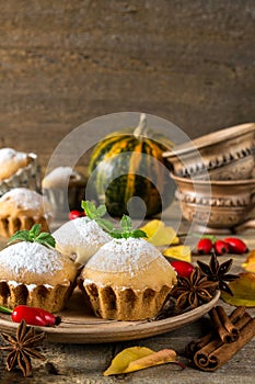 Autumn still life. Homemade cupcakes with powdered sugar with cinnamon sticks, anise stars, pumpkins, berries of rosehip