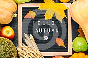 Autumn still life image with melon, apples, pears, rye, pumpkins, colorful foliage and letter board with words Hello Autumn