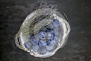 Autumn still life of lavender and rural plums